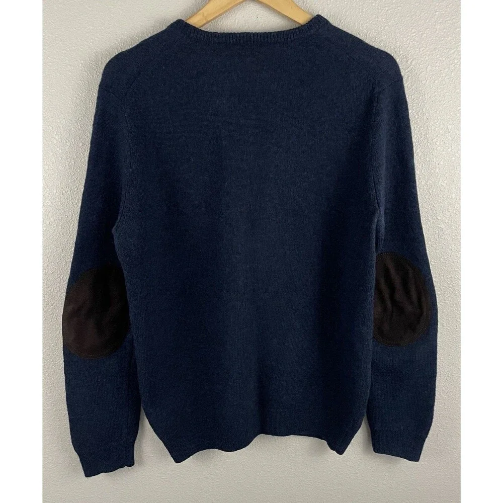 J Crew Mens M Merino Wool Blue V Neck Sweater Brown Elbow Patches Heritage
